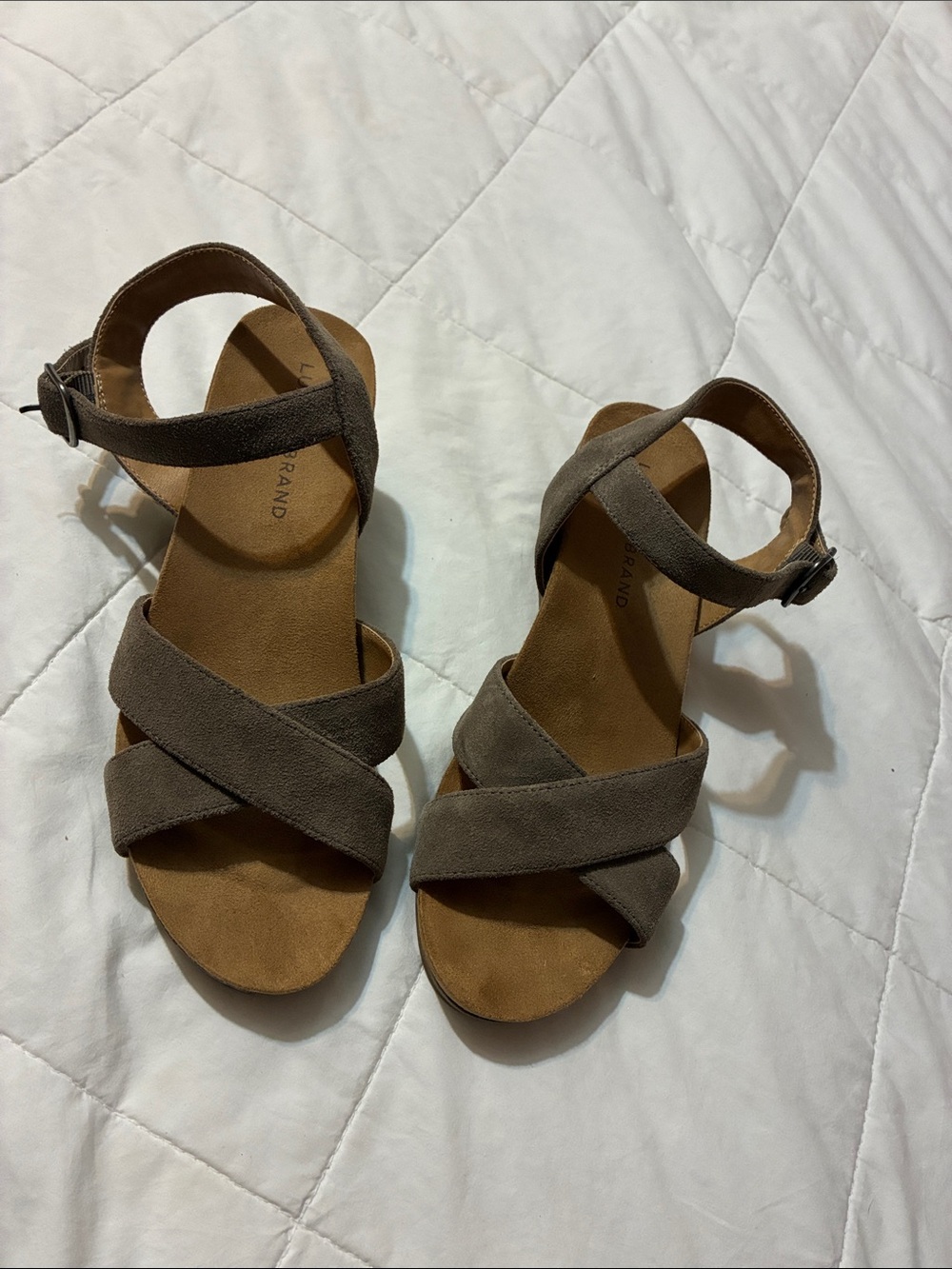 Lucky Brand Taupe Crisscross Suede Ankle-Strap Sandals